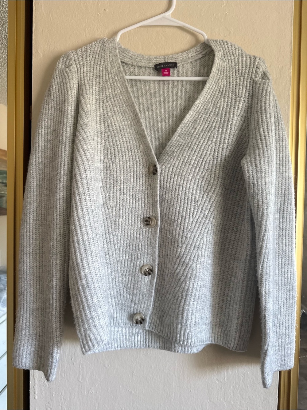 Vince Camuto Light Gray Ribbed V-Neck Button-Up Cardigan